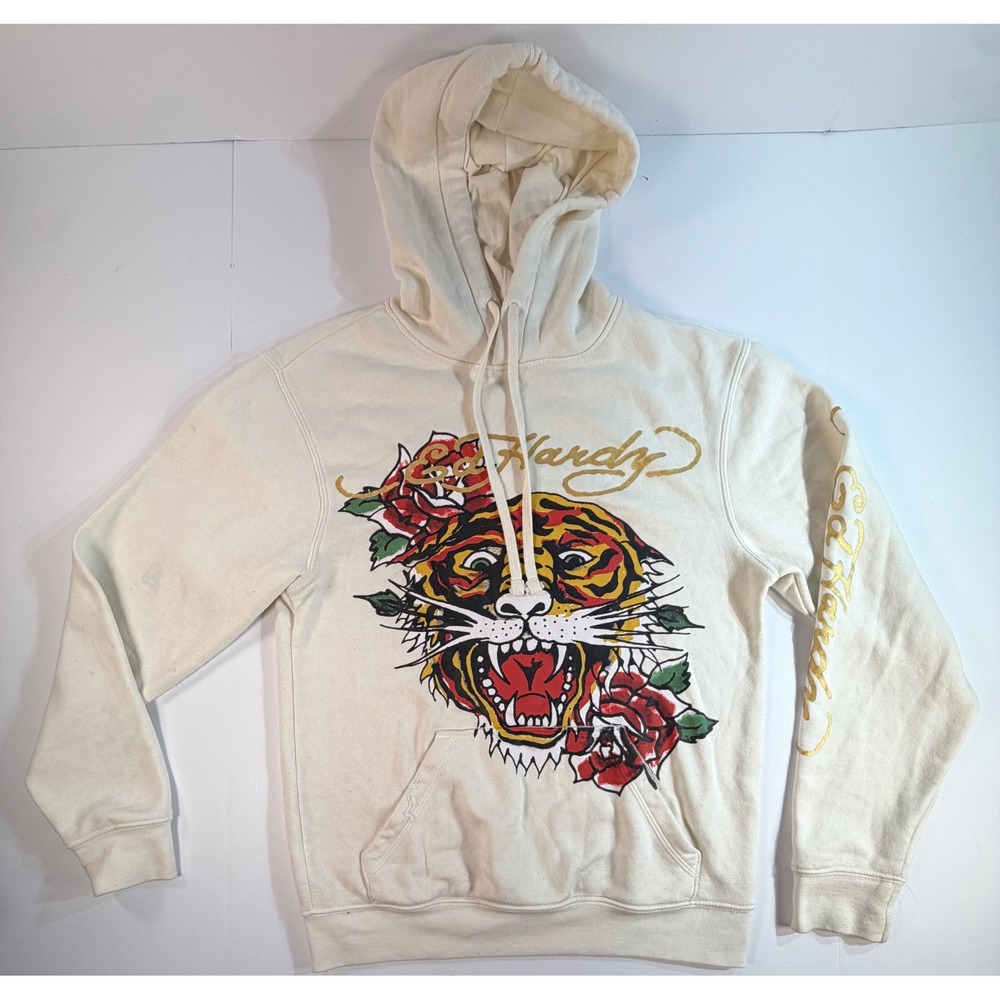 Ed Hardy Tiger Rose Graphic Hoodie Cream Gold Foil Logo XS Streetwear Pullover